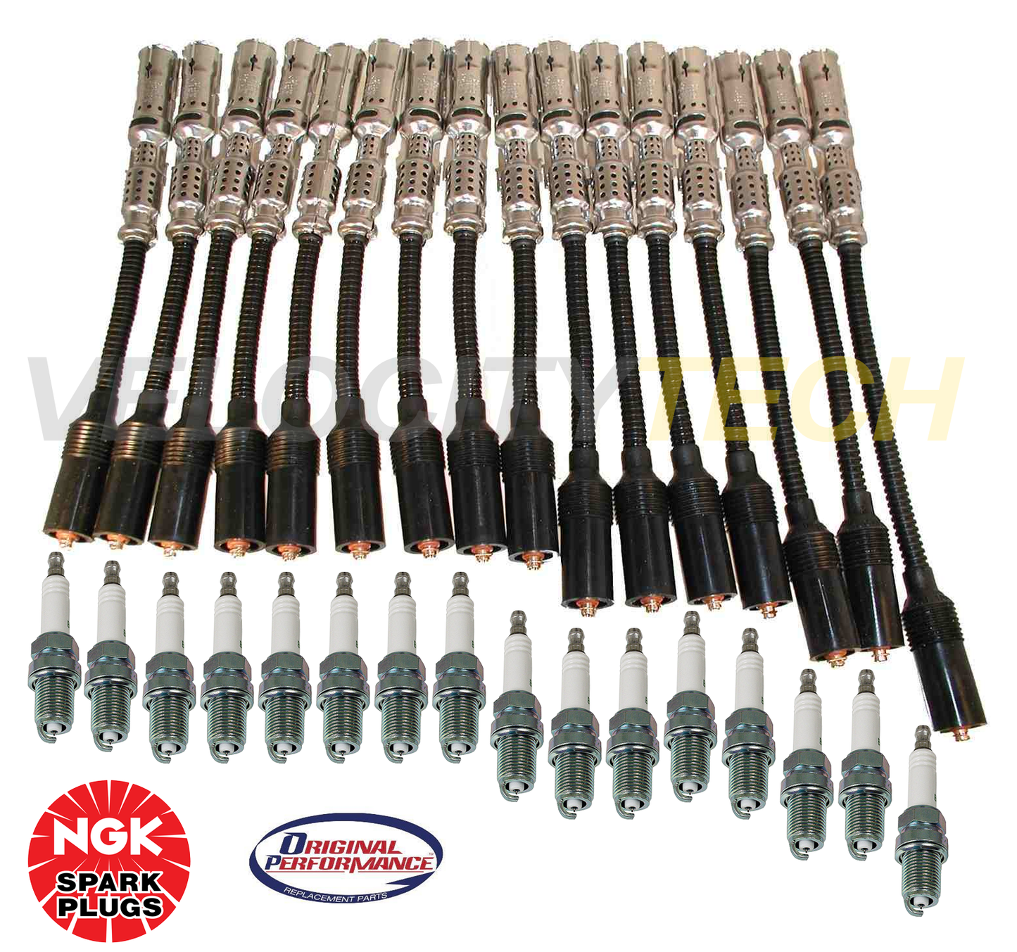 Ignition Wire Cable Premium & Spark Plug NGK Original Mercedes 113 V8 (16 Sets)